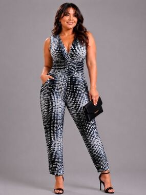 Icon Apparel (IA) | Geometric Print V-Neck Jumpsuit |  Size L | Boho Chic